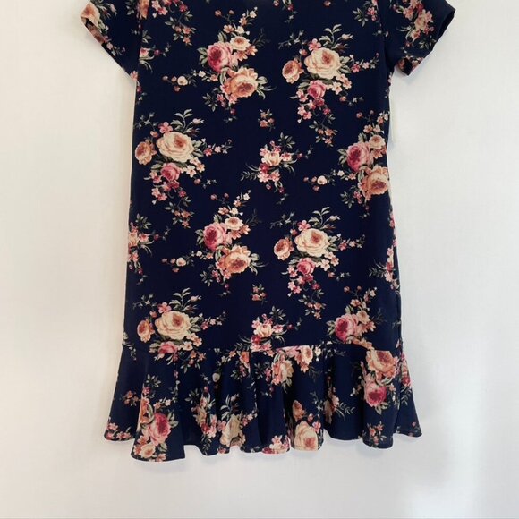 NEW NWT BLUE RAIN FRANCESCA'S Navy Blue Pink Cream Floral Ruffle Shift Dress M - Picture 3 of 14